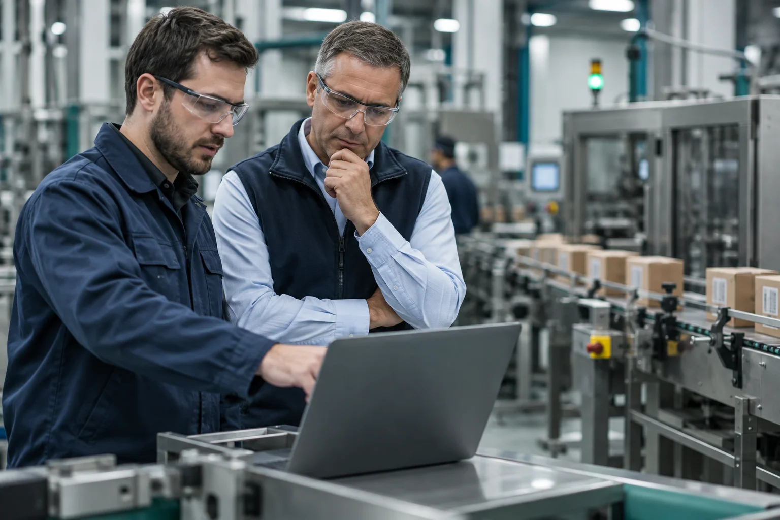An engineer and operations manager reviewing diagnostics beside a packaging line