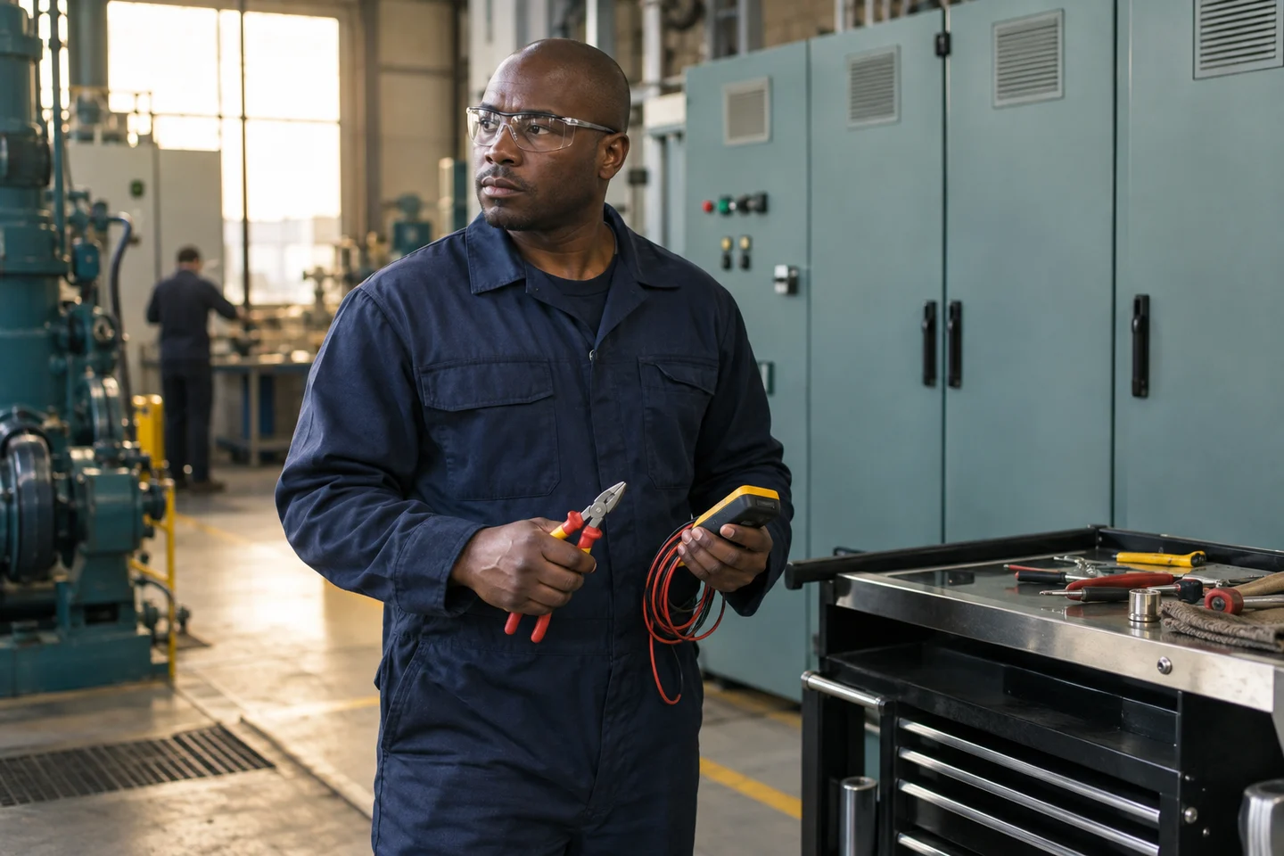 An industrial electrician holding insulated pliers and an electrical test meter beside a maintenance cart