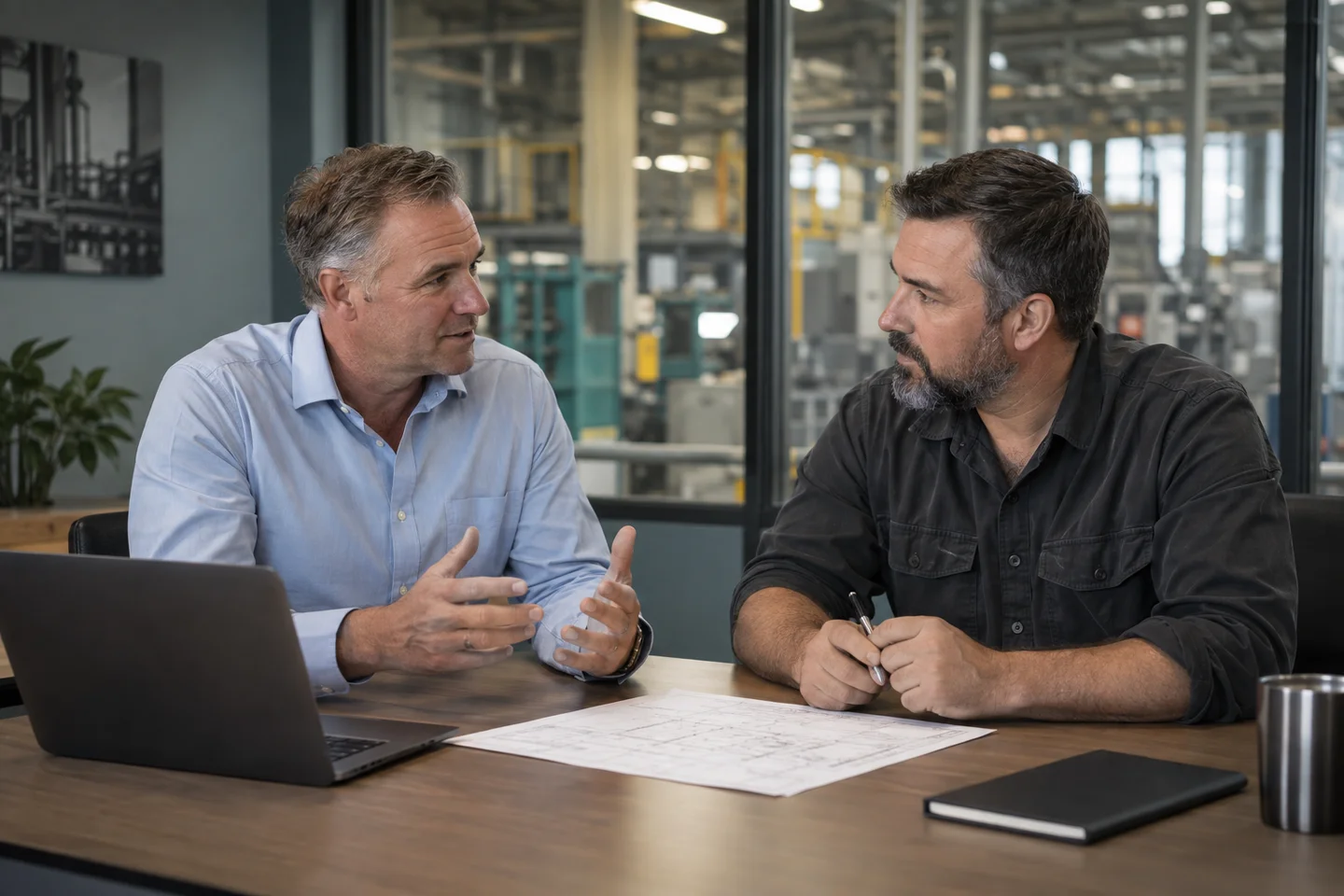 A plant executive and maintenance lead discussing an equipment plan in an operations office
