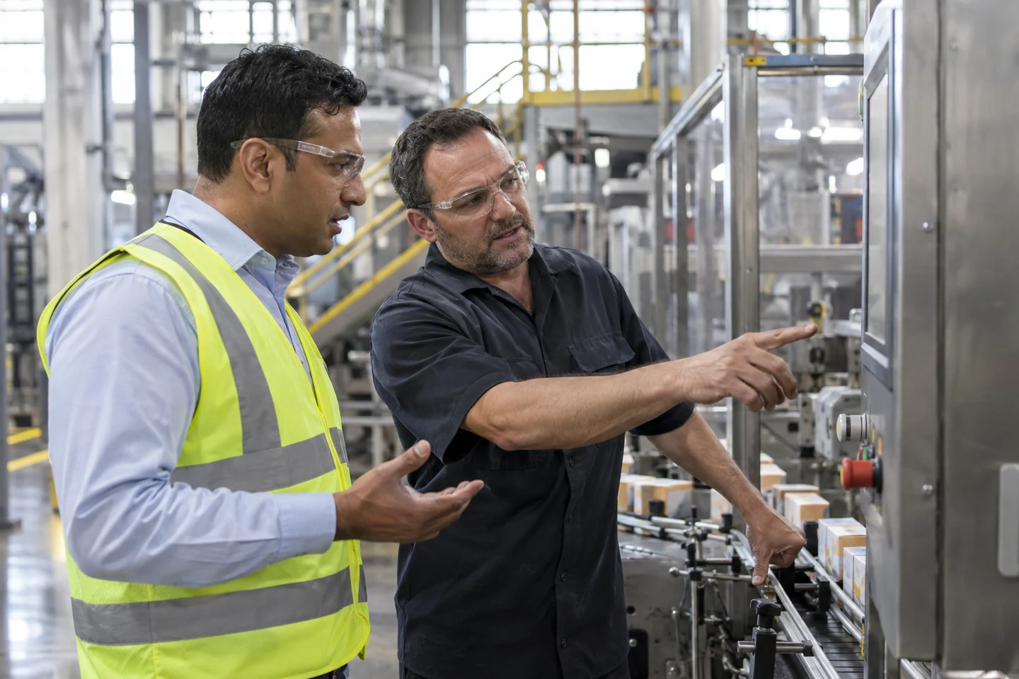 An operations manager and maintenance supervisor discussing a guarded packaging line on the factory floor