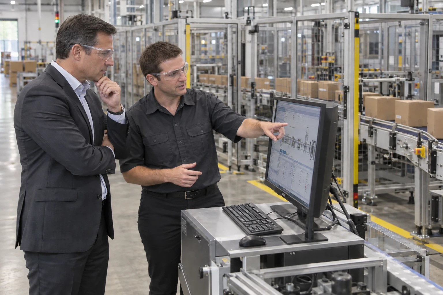An executive and controls specialist reviewing a computer beside a guarded packaging production line