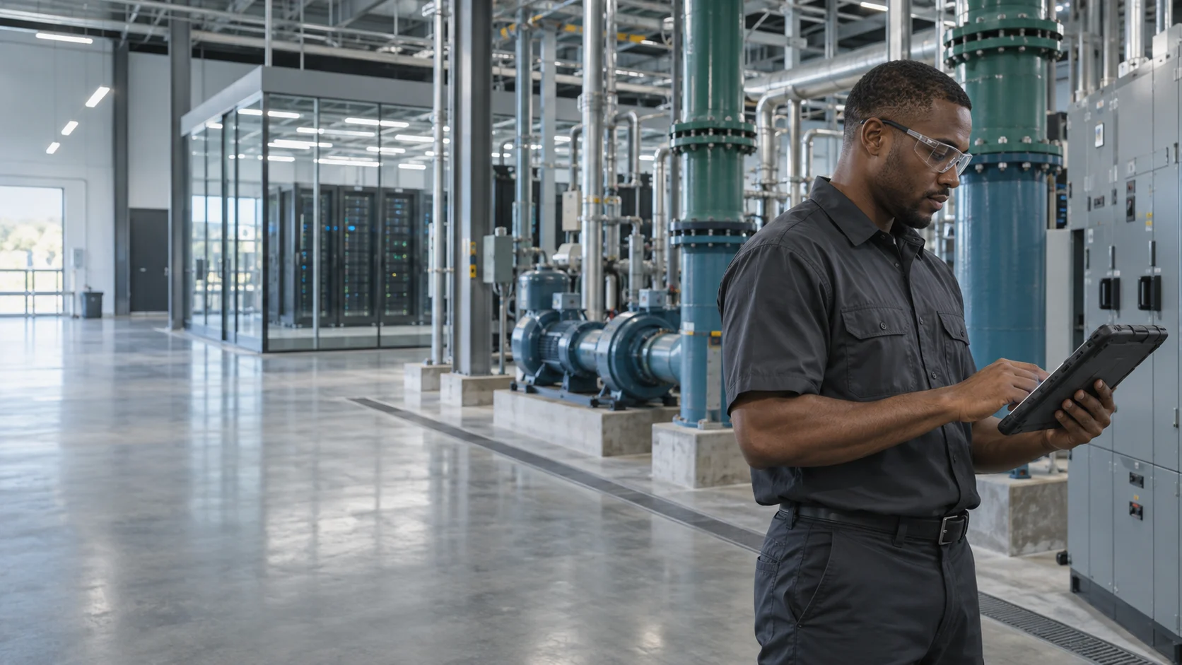 A facilities technician reviewing a tablet beside data center cooling systems and closed switchgear