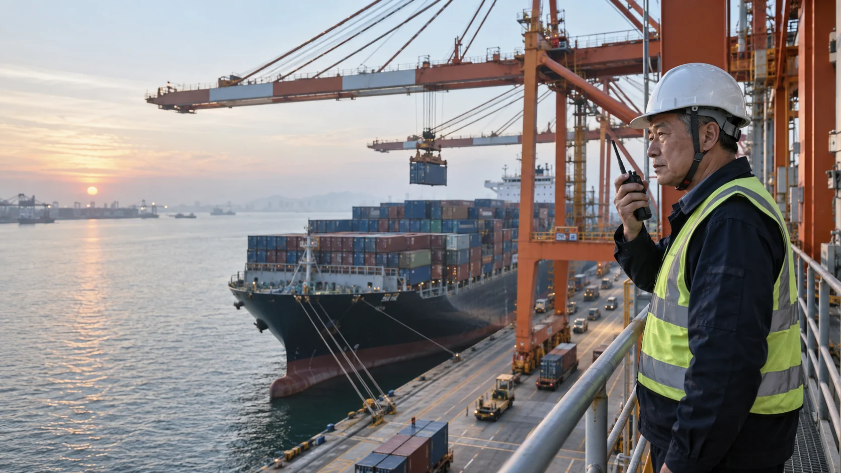 A crane maintenance specialist on a protected walkway above a container port