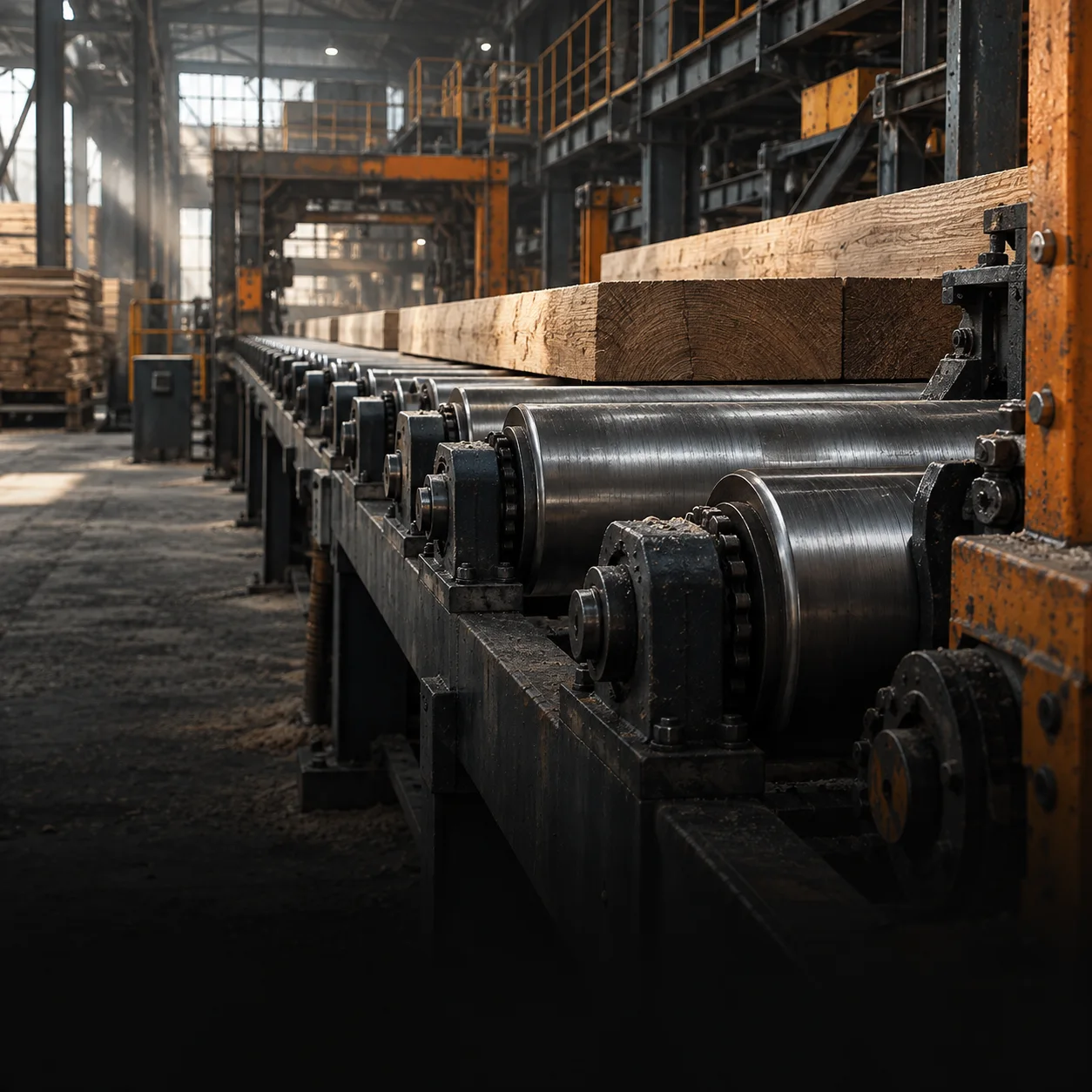 Conceptual industrial scene of steel conveyor rollers carrying timber through a mill