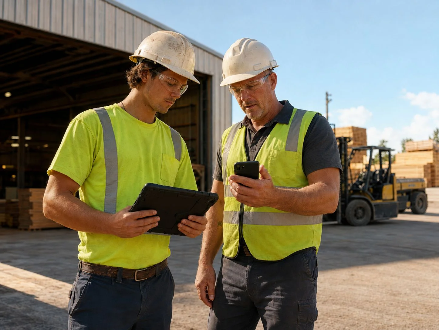 Two plant colleagues reviewing a tablet and phone in a timber yard