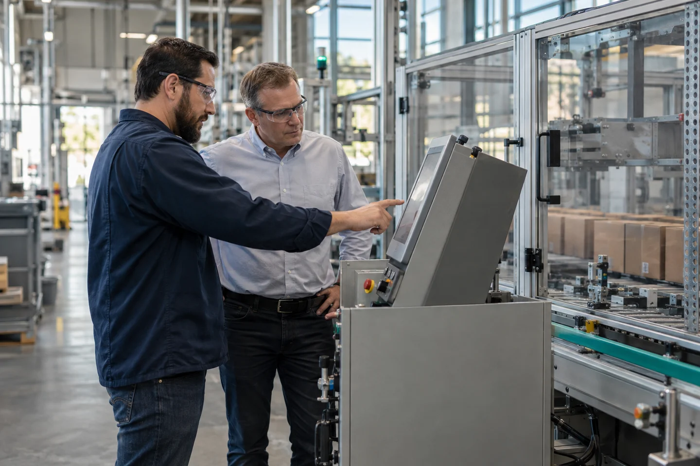 Controls and production specialists reviewing a computer beside a packaging line