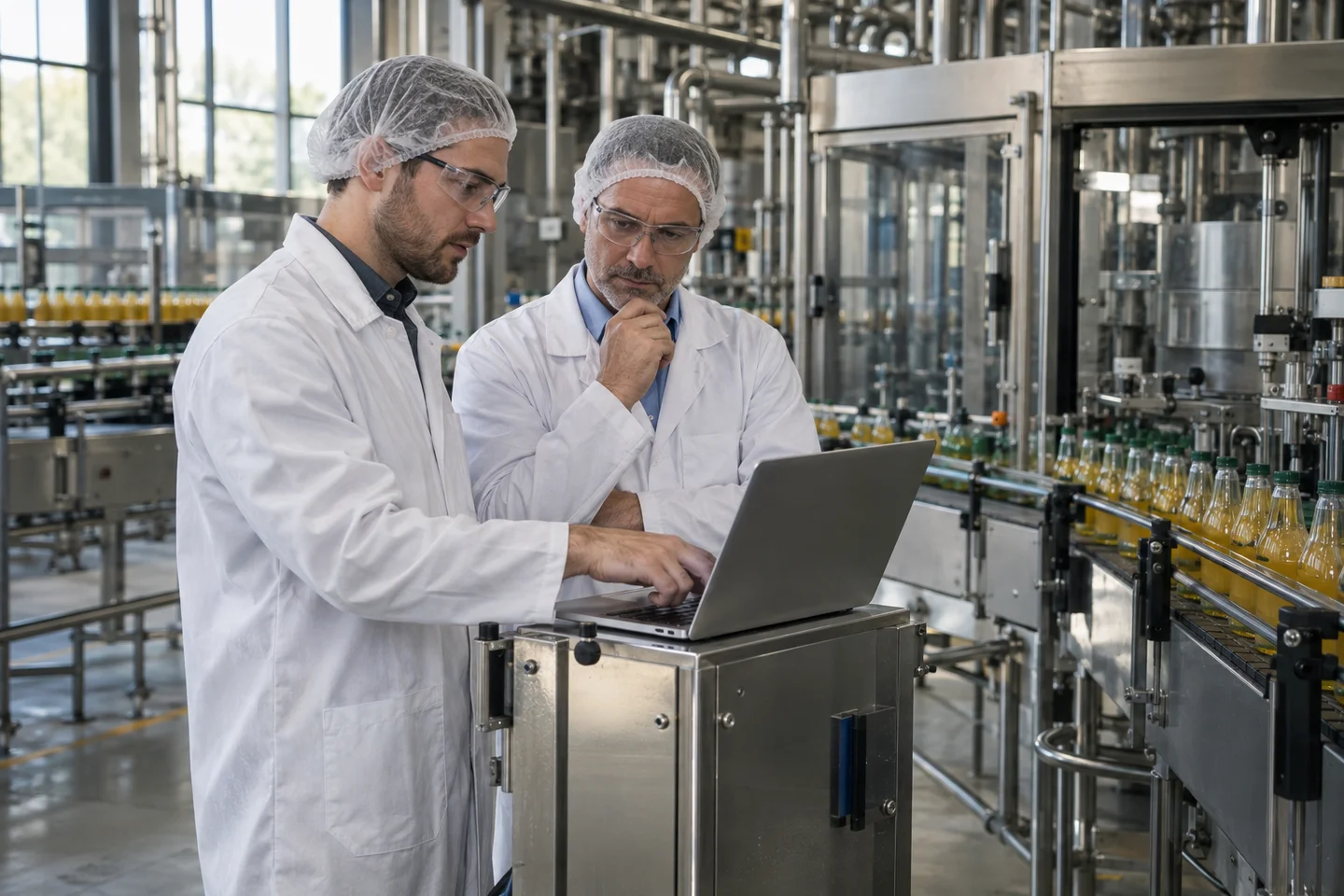 Food and beverage plant colleagues reviewing a laptop beside a bottling line