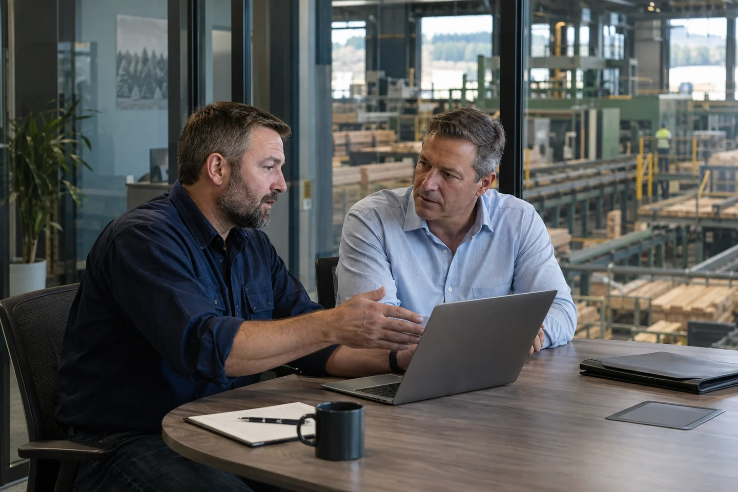 Maintenance and operations leaders discussing machine context in a plant office
